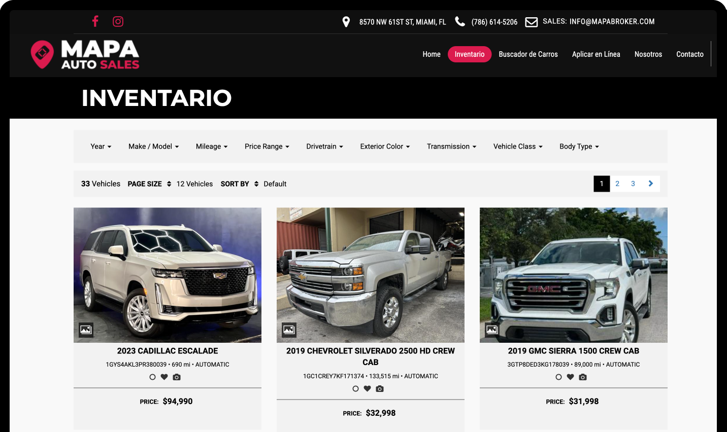 Muestra de página de ventas de vehículos